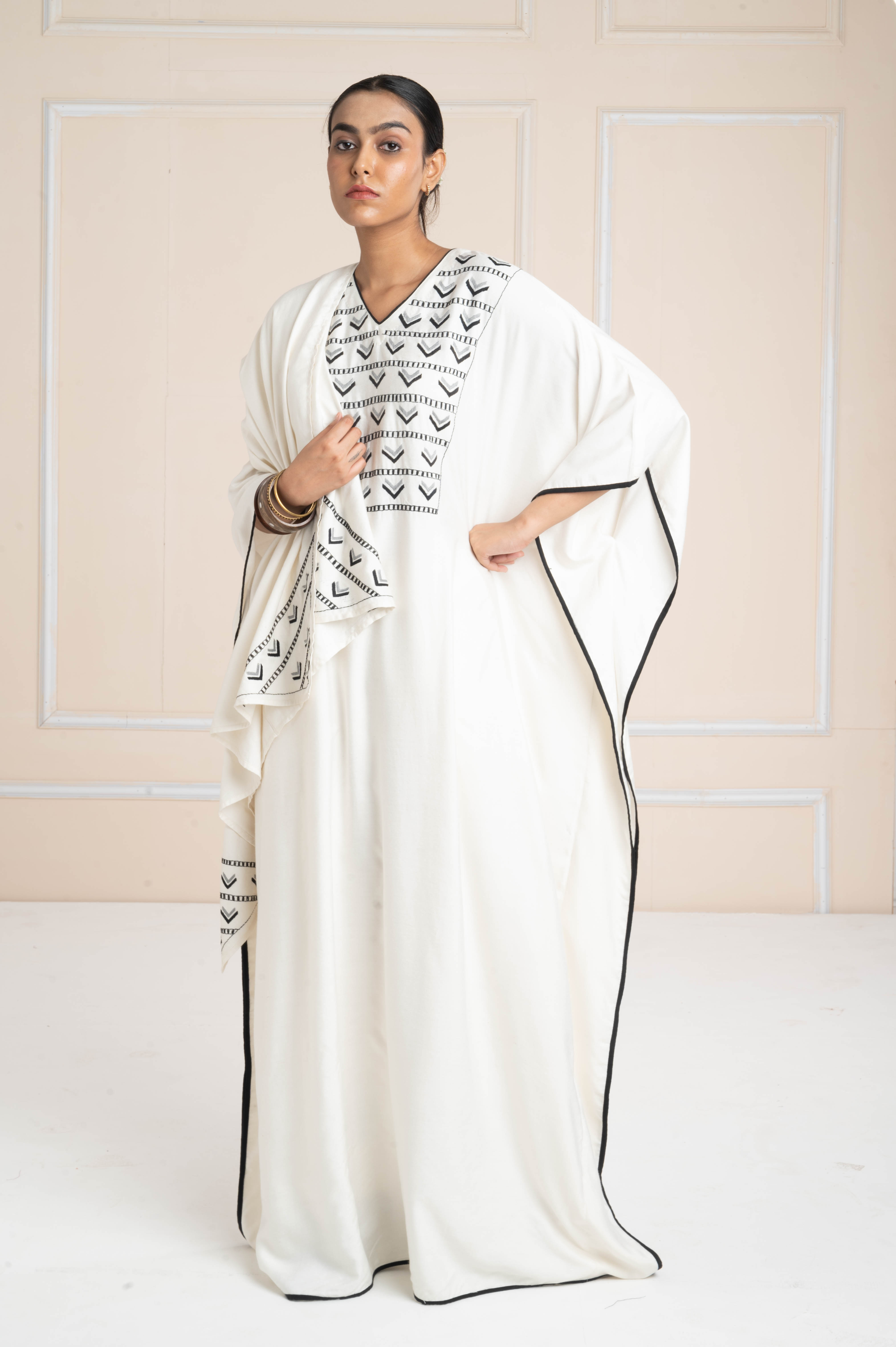 Hand Embroidered Kaftan White