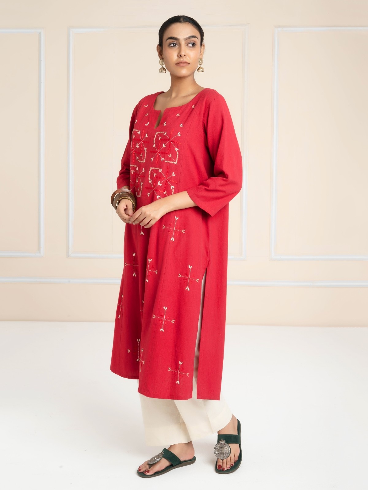Hand Embroidered  Kurta Red