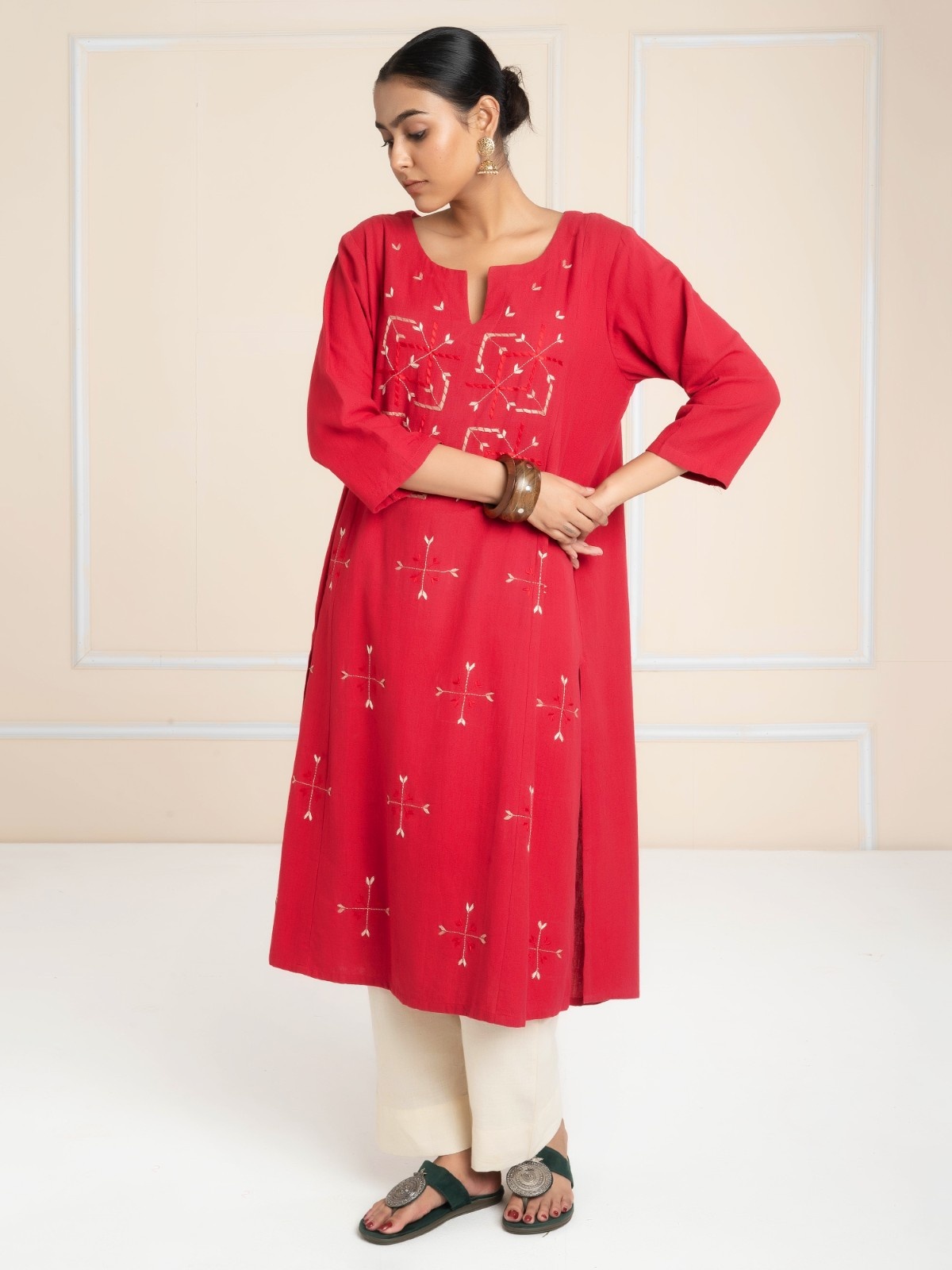 Hand Embroidered  Kurta Red