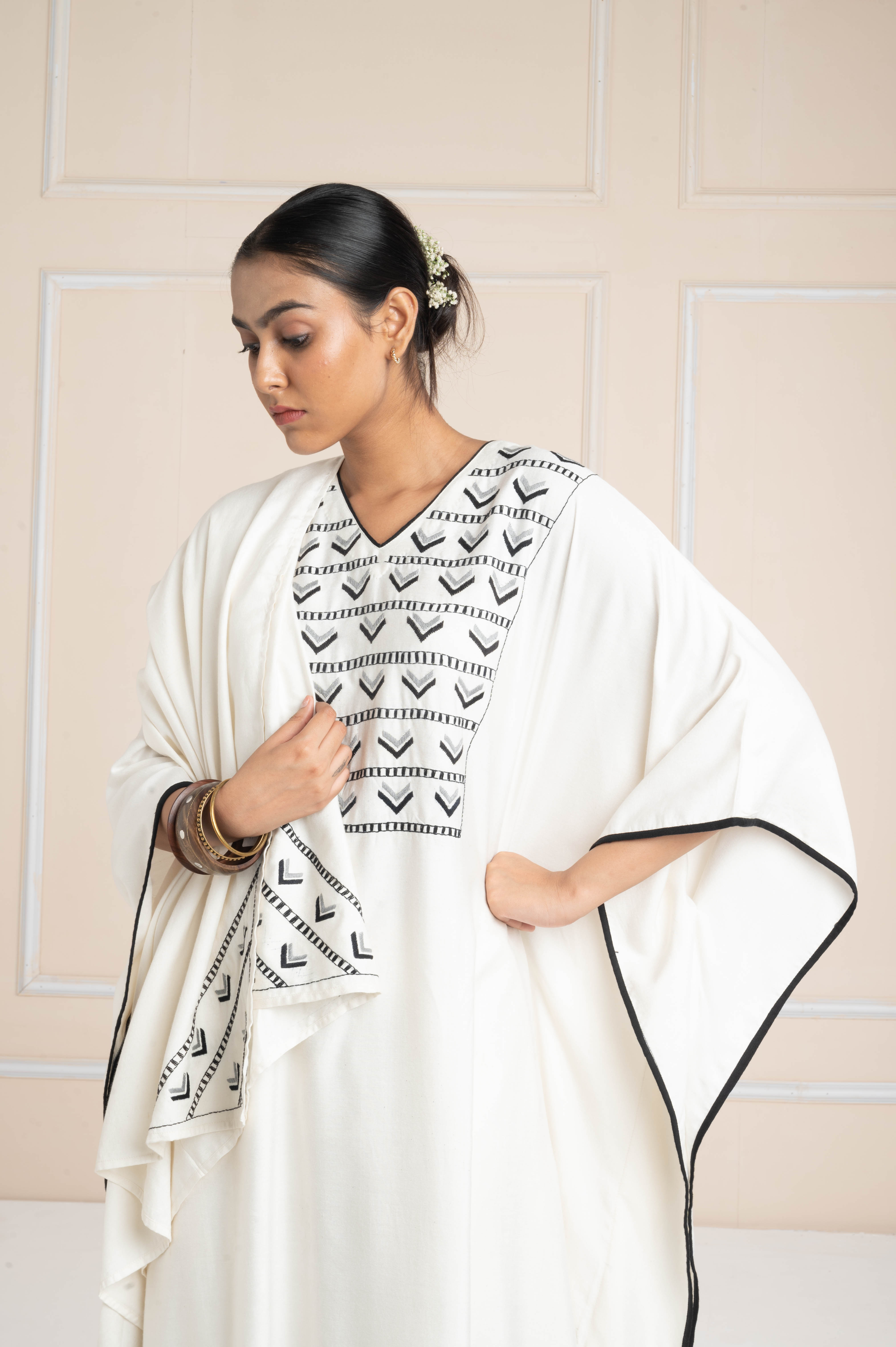 Hand Embroidered Kaftan White