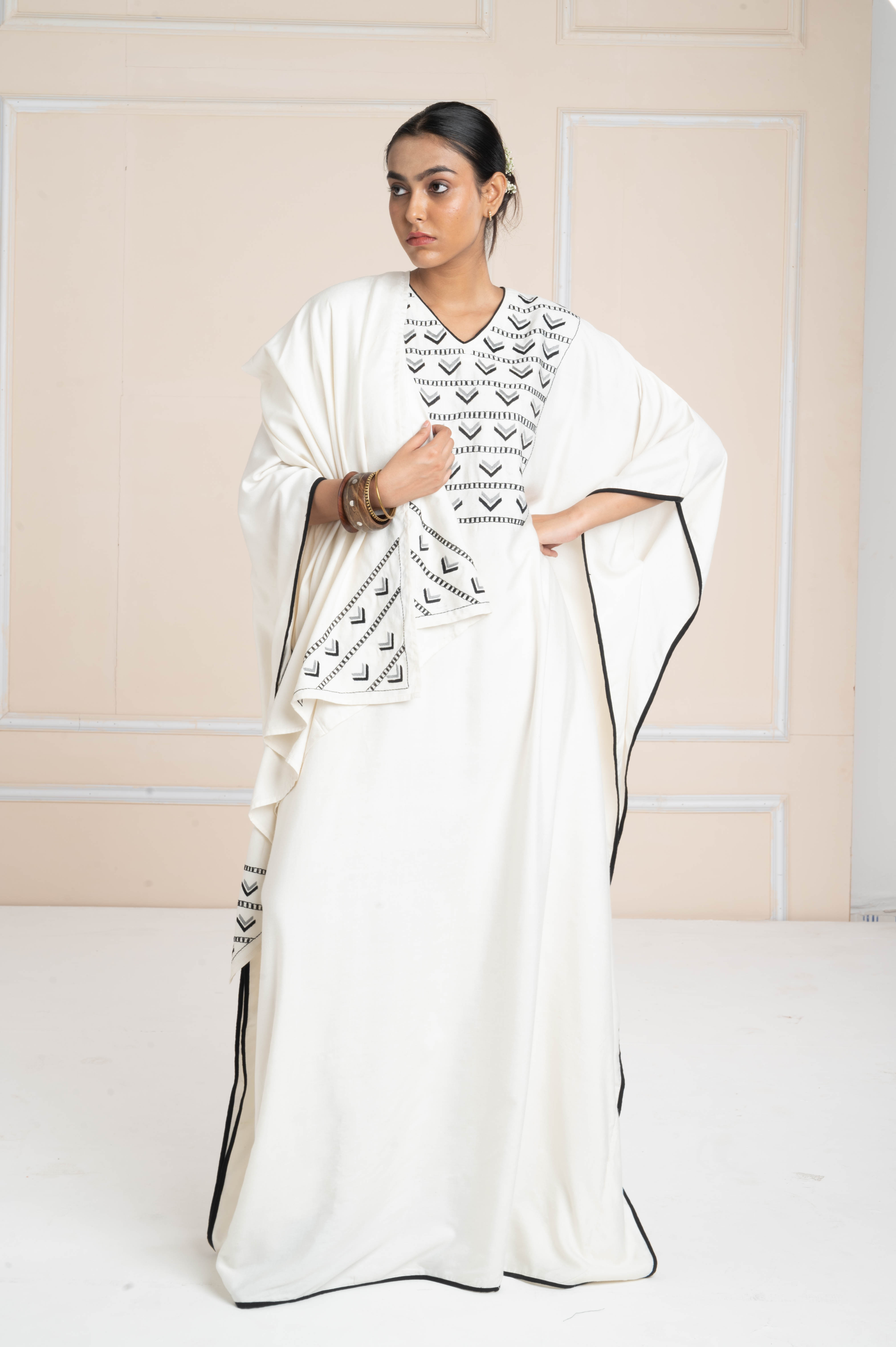 Hand Embroidered Kaftan White