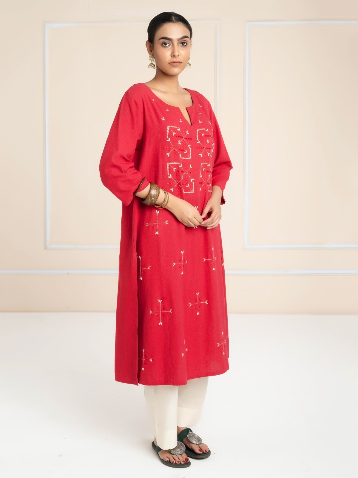 Hand Embroidered  Kurta Red