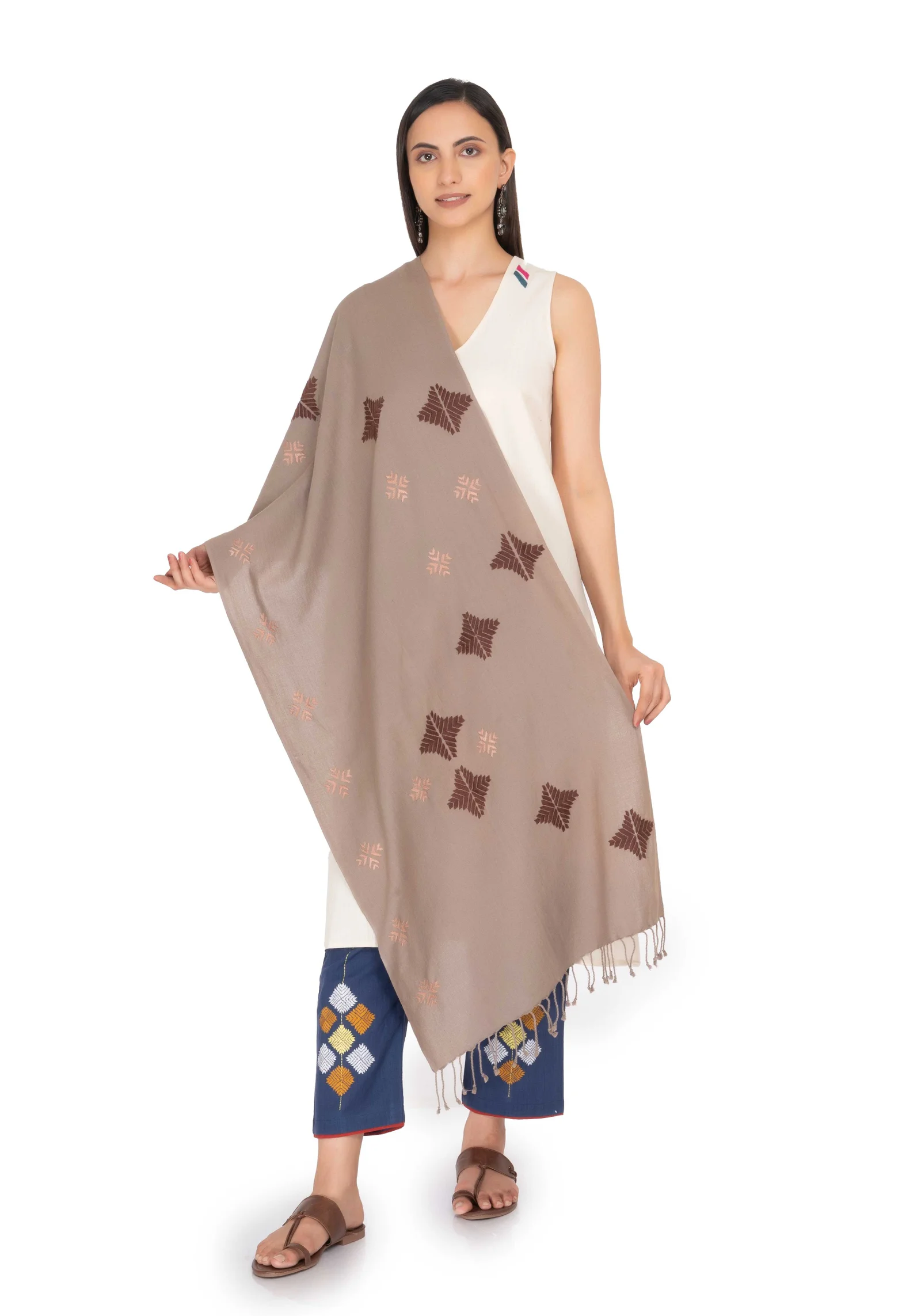 Hand Embroidered Stole brown