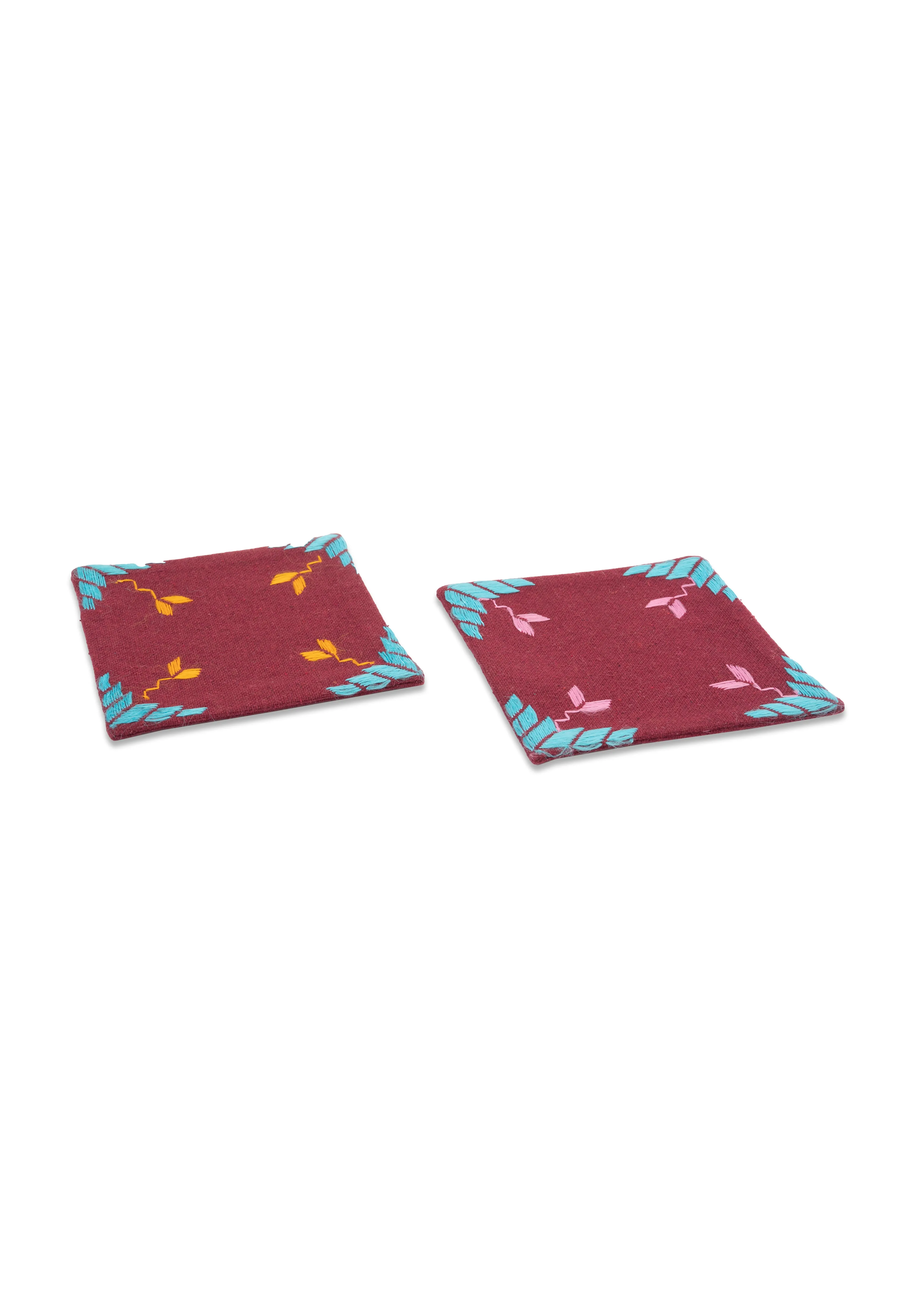 Hand Embroidery Table Coaster Maroon