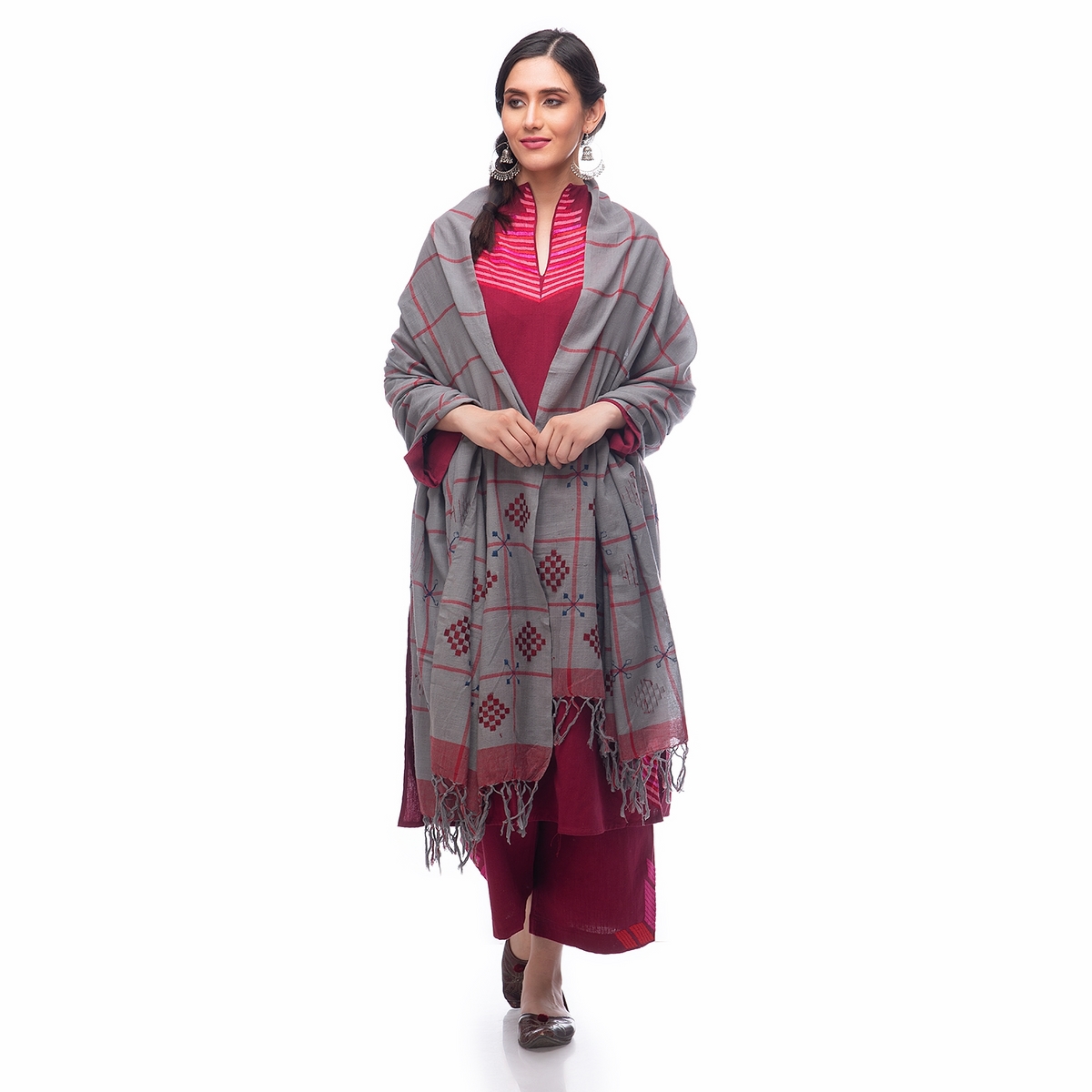 Hand Embroidery Dupatta Gray with Red Motif