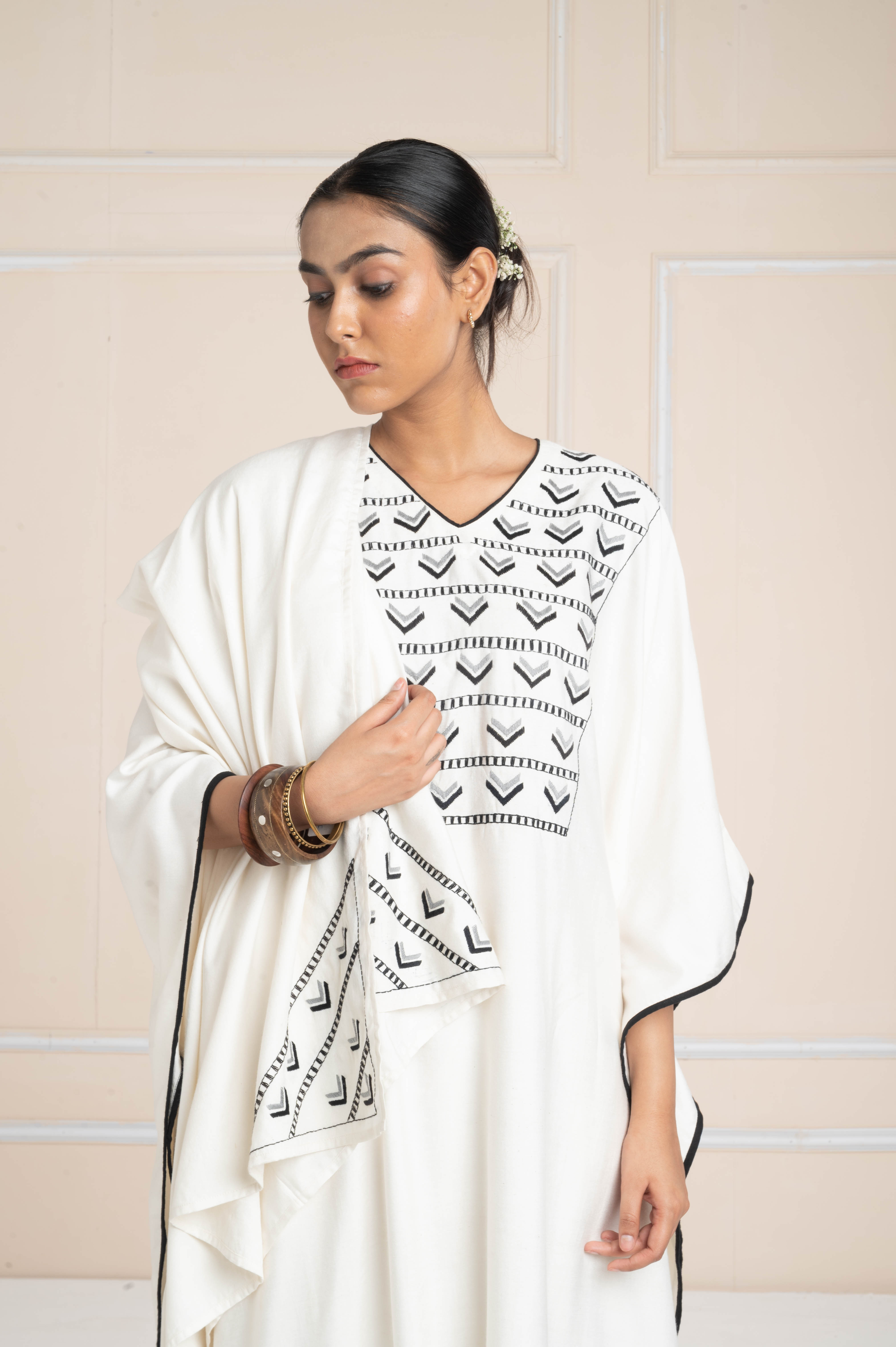 Hand Embroidered Kaftan White