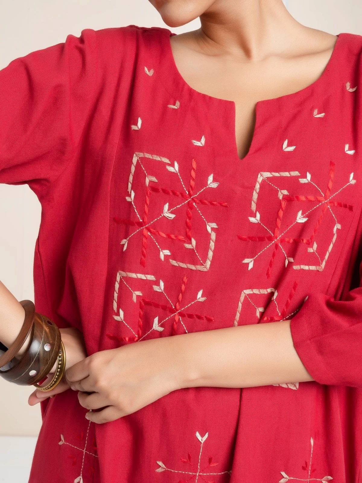 Hand Embroidered  Kurta Red