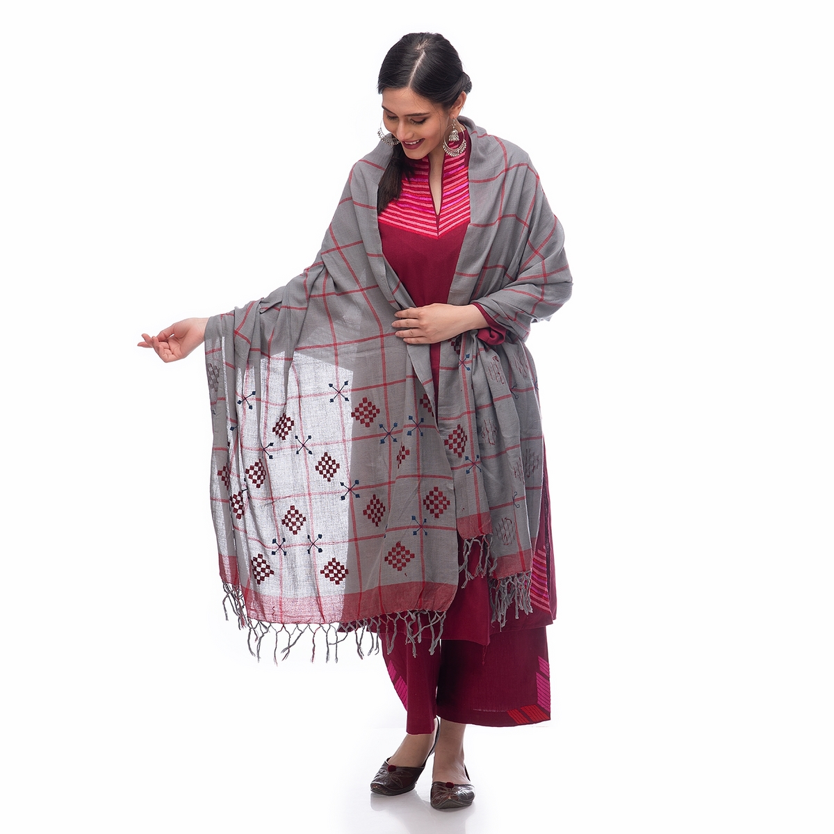 Hand Embroidery Dupatta Gray with Red Motif